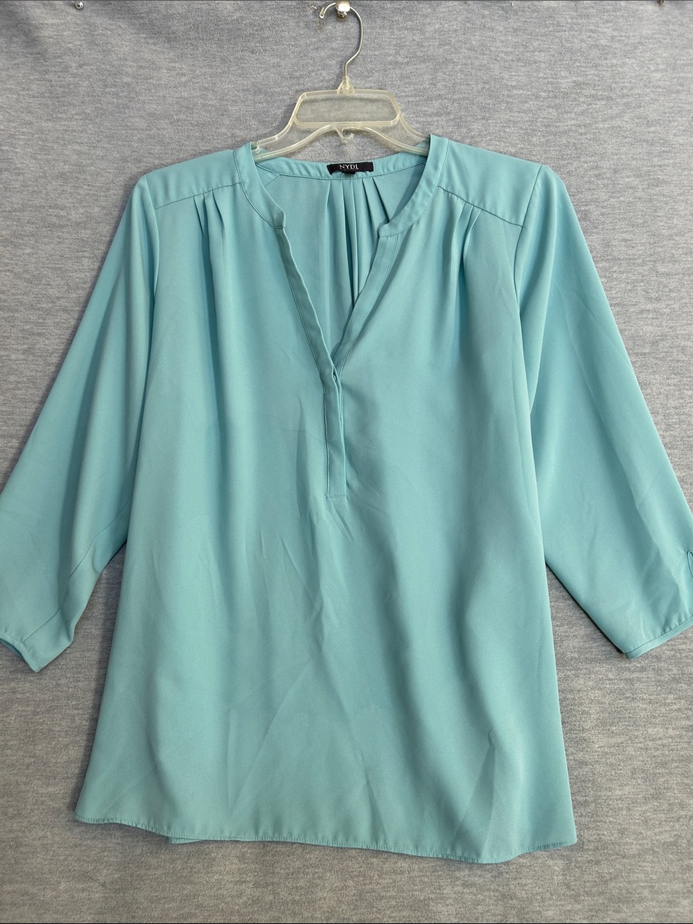 NYDJ Henley Style Button Front Cool Oversized Trendy Teal V Neck Top
